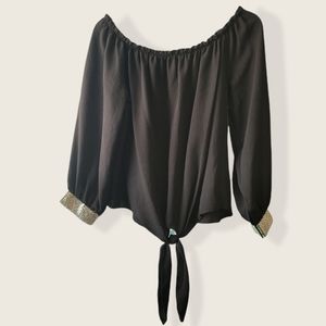 Black Rhinestones sleeves details Top